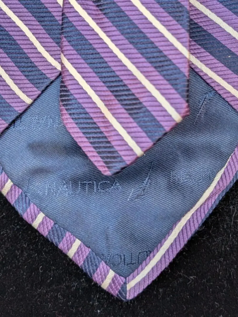 Nautica Purple Navy Cream Diagonal Stripe Silk Neck Tie USA Made Vintage 1990s